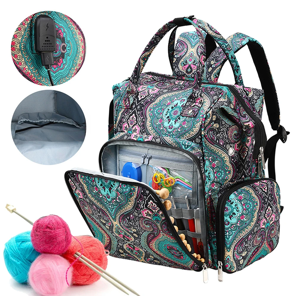 KOKNIT Large Capacity Knitting Bag Backpack with USB Charging Port,Portable  Crochet Bags and Totes Organizer for Women, Yarn Bags Holder Case for