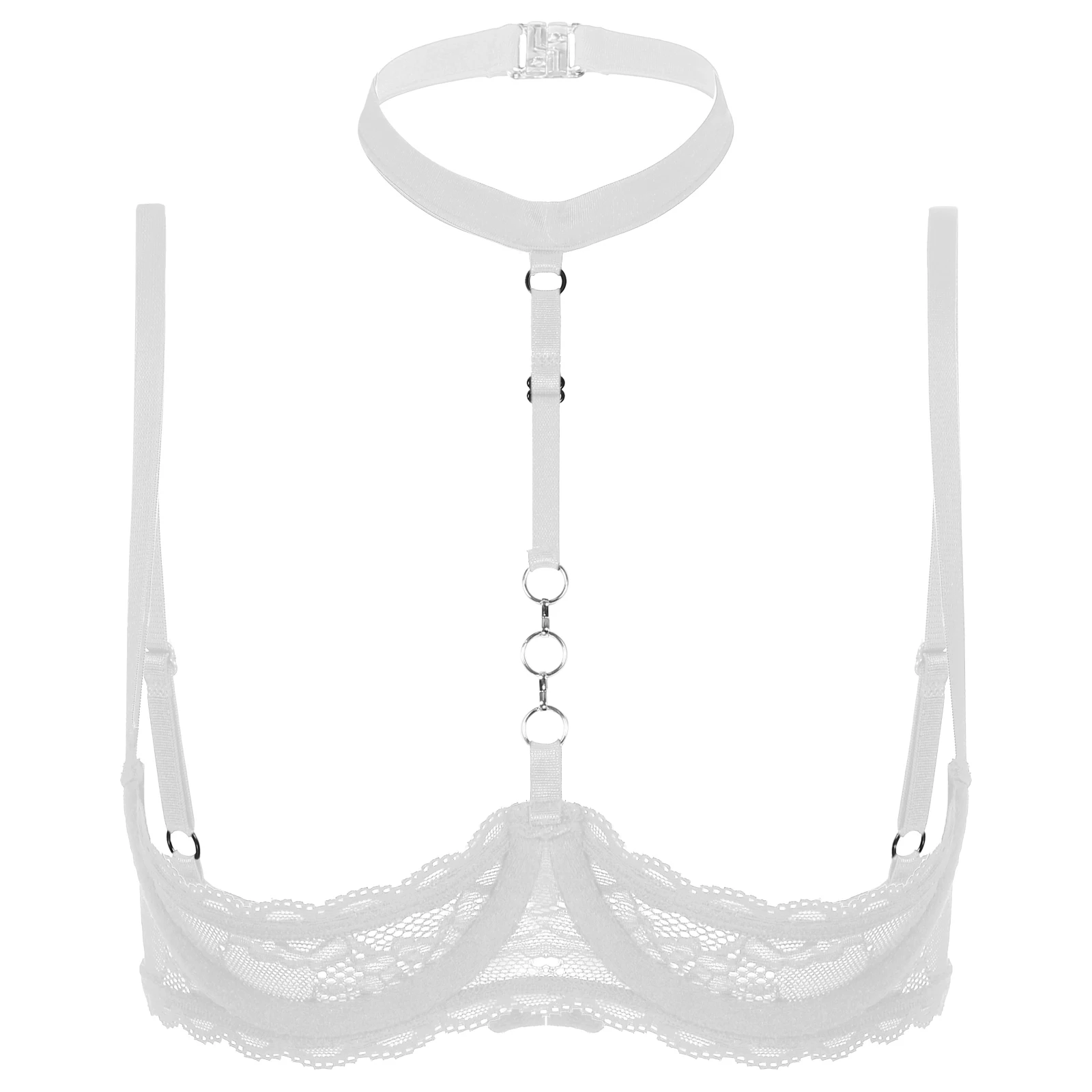 thumbnail image 1 of Lencería para mujer, sujetador de copa abierta con pecho, encaje Floral transparente, con aros, sujetadores sexis sin forro, Tops, ropa interior con cuello Halter y pecho descubierto, 1 of 5