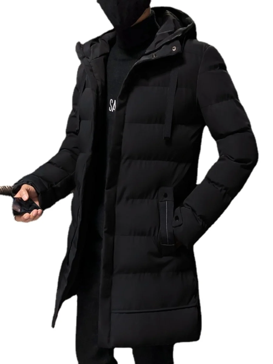 4XLMen's Clothing Long Coat Cotton-padded Jacket Solid Color Hooded Jacket Wind and Cold Warm Medium Long Jacket Portable Device