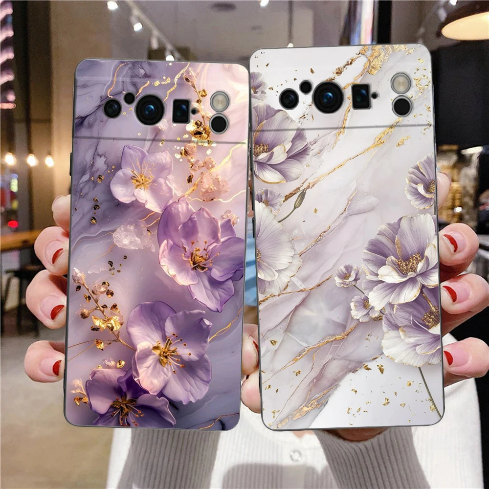 Elegant Flower Marble Design Shockproof Phone Case - Soft TPU Black Cover