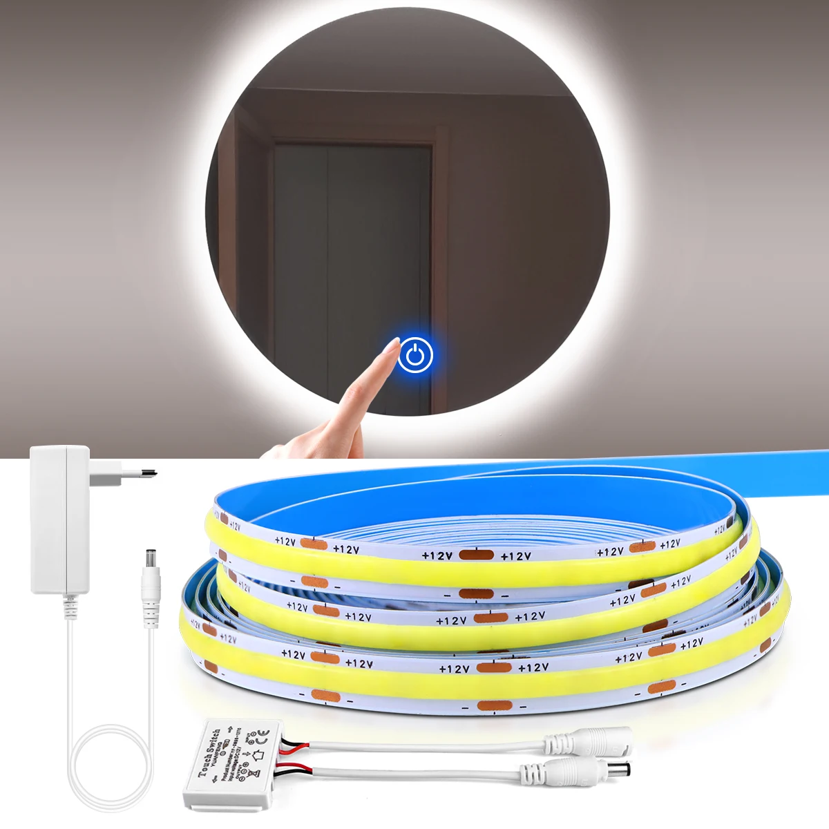 12V LED Vanity Light COB LED Strip Light Touch Sensor Dimmable Bathroom Makeup Mirror Dressing Table Background Lighting Decor