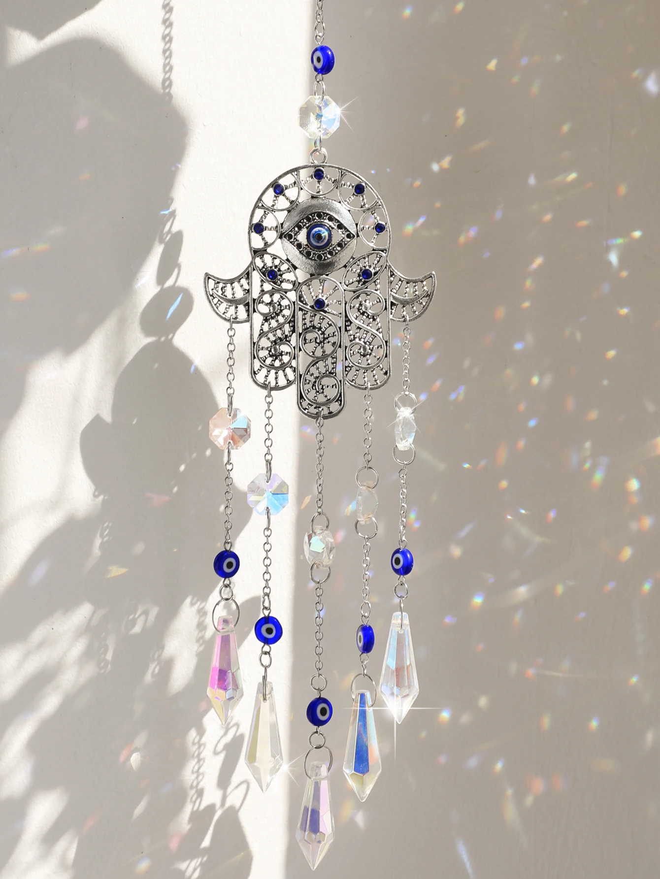 Hanging Evil Eye Crystals Sun Catcher Hamsa Hand Rainbow Maker Chakra Stained Glass Light Catcher Prism Home Garden Decoration