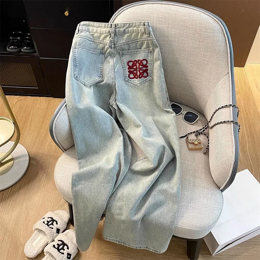 Embroidery Velvet Lined Wide Leg Jeans Winter Design Casual High Waist Baggy Straight Vaqueros Korea New Warm Woman Denim Pants