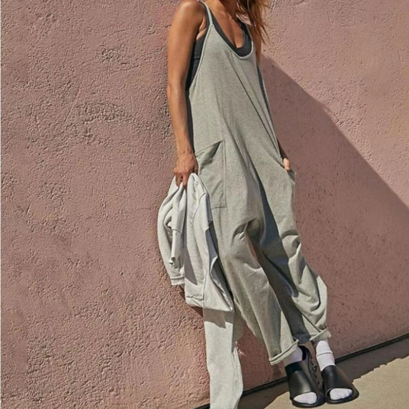 

Cotton Linen Woman Jumpsuits V-Neck Spaghtti Strap Summer Jumpsuit Solid Casual Sleeveless Womens Loose Pockets Long Rompers