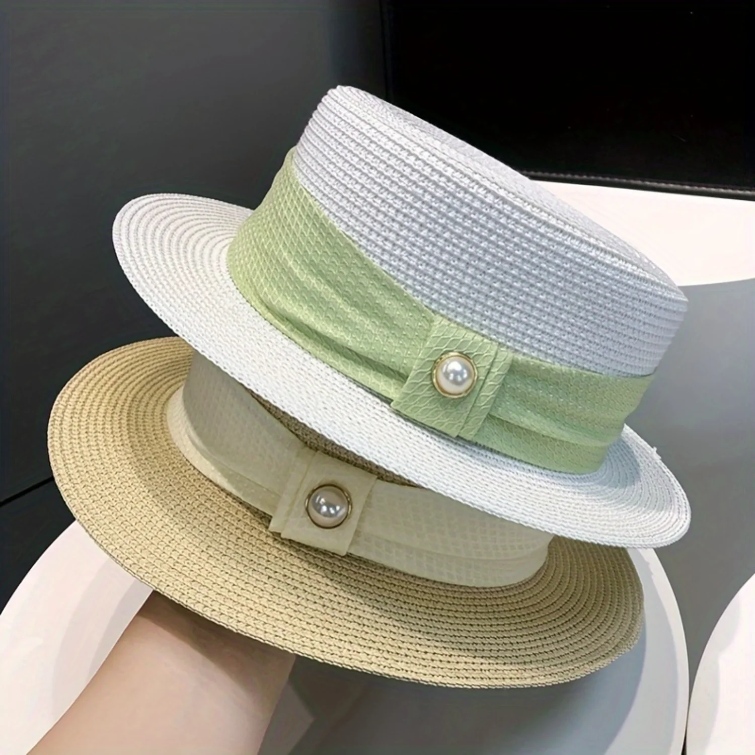 Summer Sun Hat, Casual Anti-UV Flat Top Hat With Faux Pearl Detail, Elegant Stylish Versatile Straw Hat For Ladies, Commuter Sty