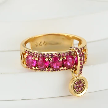 Luxury Female Rose Red Stone Wedding Rings For Women Engagement Jewelry Cute Pink Zircon Round Dangle Ring Christmas Day Gifts