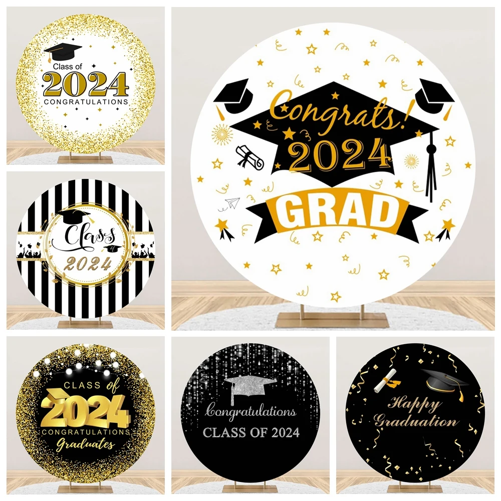 

Congratulations Class of 2024 Round Backdrop Cover Gold Glitter Balloons Congrats Grad Circle Photography Background Photo Props