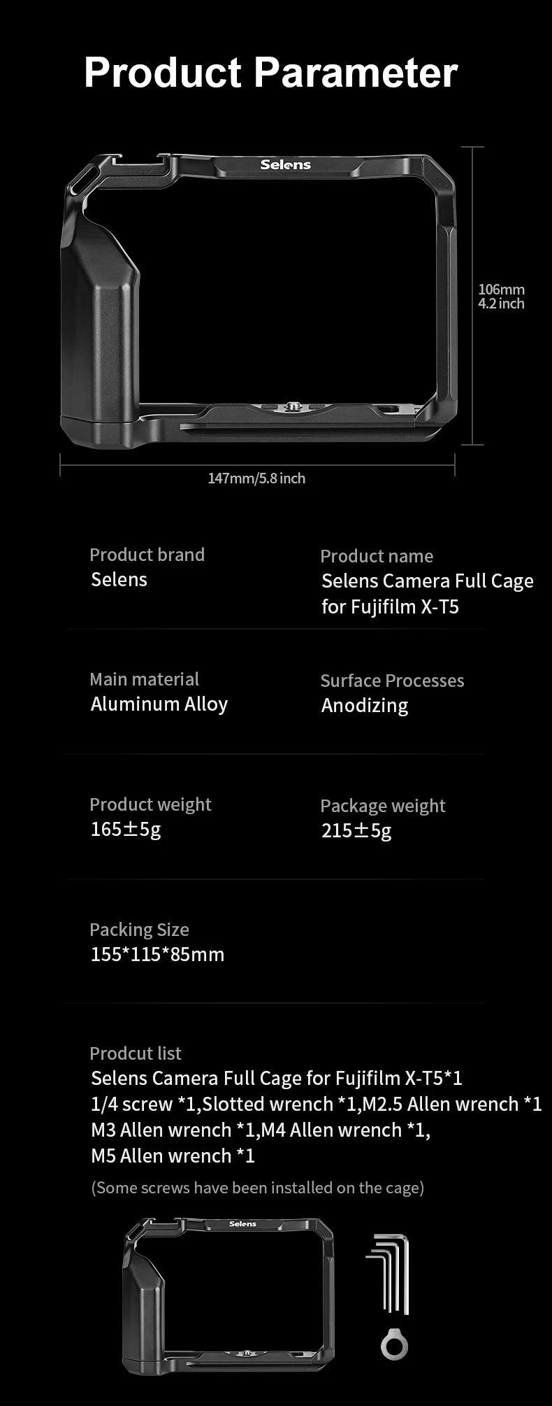 Camera Full Cage for Fujifilm X-T5 with Expansion 1/4 & 3/8 Screw Holes Aluminum