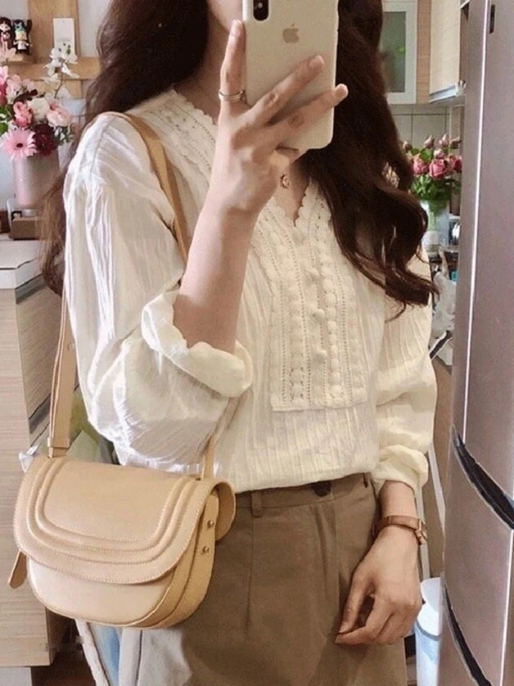 Fashion Office Lady Elegant Women Blouse Spring Cotton Long Sleeve Shirt Summer White Tops