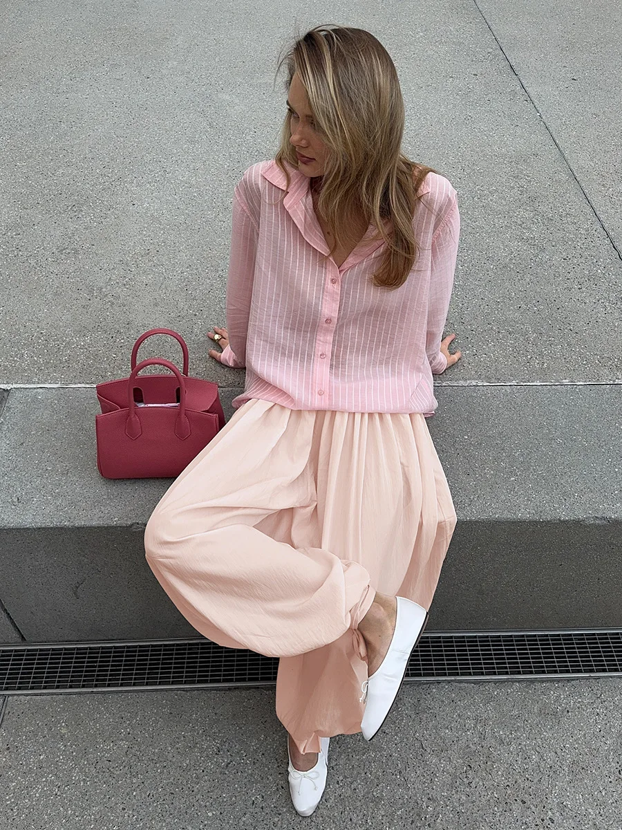 Bornladies Pink Wide Leg Pants Women's New Autumn Drawstring Lantern Style Loose Fit Comfortable Long Trousers