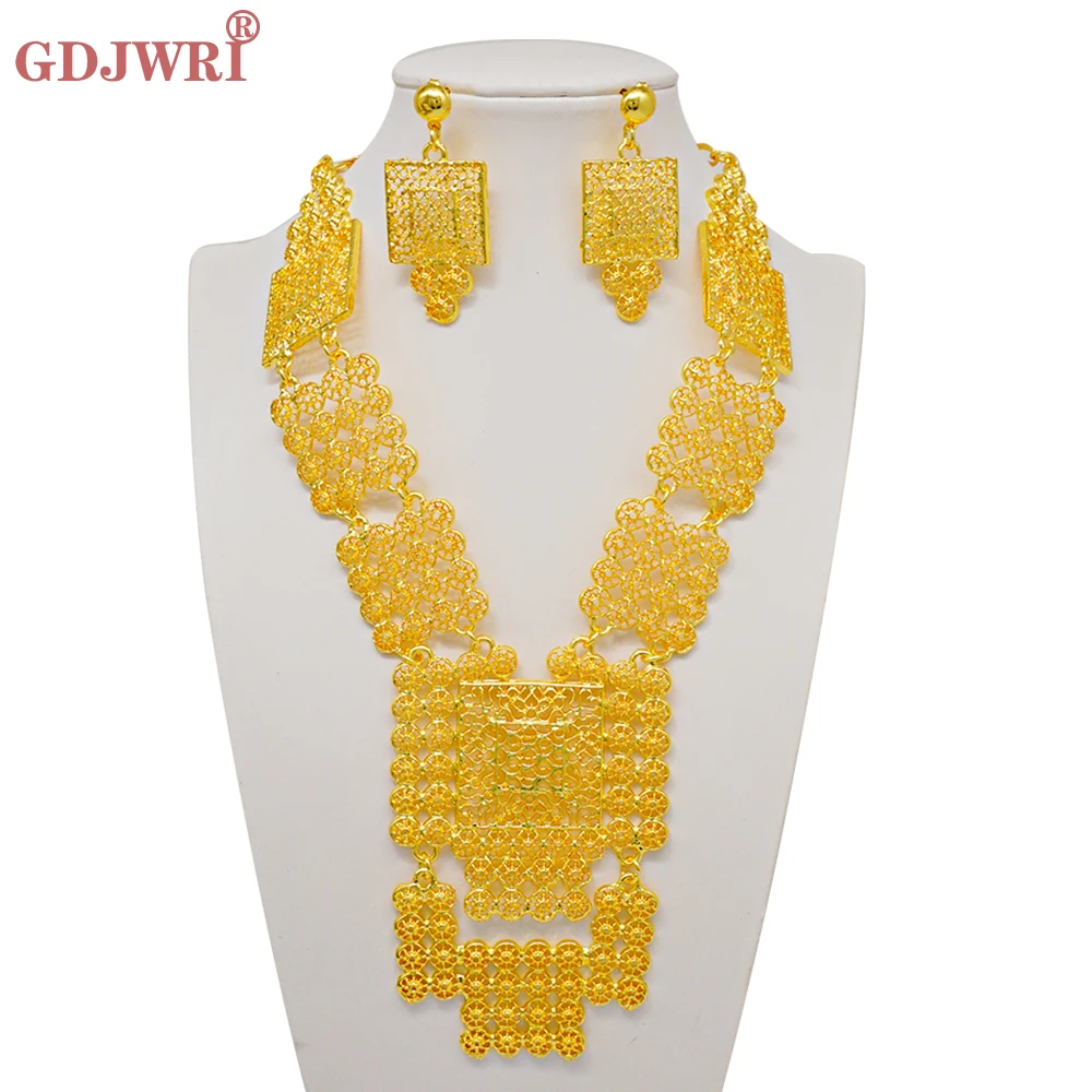 

Fashion African Gold Color Jewelry Sets Wedding Dubai Necklace Earrings For Women Nigerian Indian Bridal 2PCS Set Party Gifts