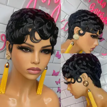 Short wigs For Black Women Pixie Cut Wig Human Hair Glueless   Synthetic Wigs Pre Plucked Short Curly wigs With Bangs For Daily