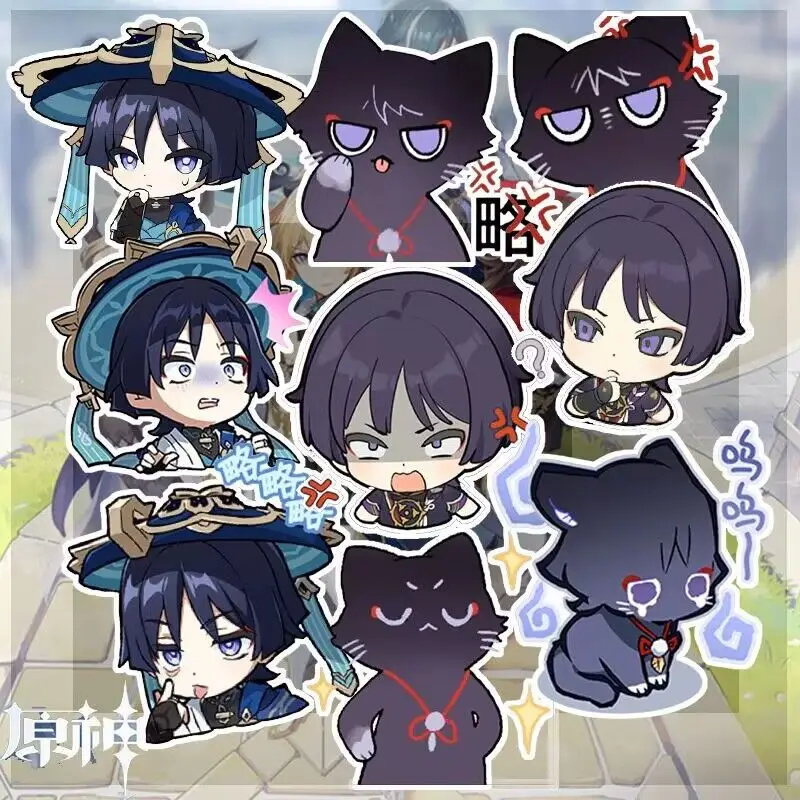 34/48 PCS Anime Genshin Impact Scaramouche Cute Stickers Game Figure Label Sticker Cup Phone Laptop Guitar Luggage Decoration 24 pcs anime genshin impact xiao figure card stickers exquisite cute sticker phone laptop luggage guitar decoration fans gift