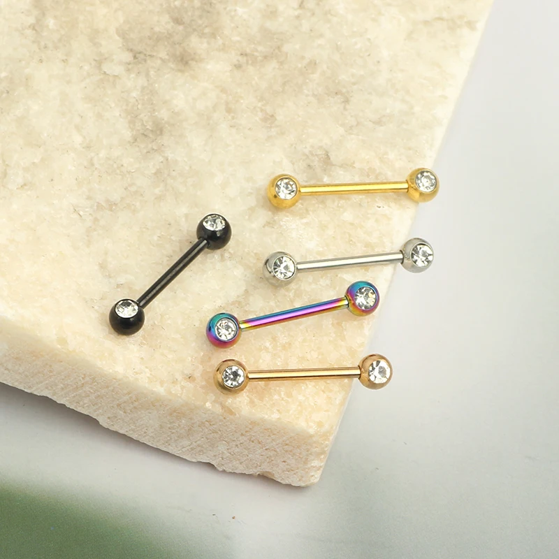 wholesales straight barbell crystal tongue rings 14g nipple rings nipple piercing jewelry 16mm nipple bar shield body jewelry mi