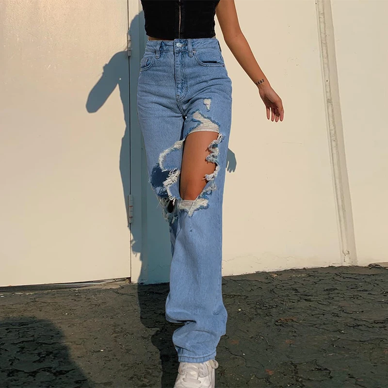 Women's Jeans 2022 TrendNew High Waist Loose Ripped Wide Leg Softened Denim  CasualPrincess Style Youth Series Women's Jeans| | - AliExpress