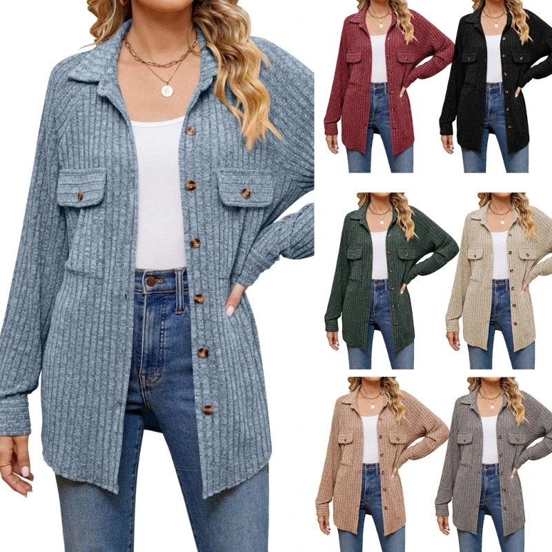 Women's Winter Ribbed Fleece Button Down Outwear Coat with Two Chest Pockets Trendy Solid Color Warm Tops Dropship eh·md® sling one piece jeans men s seasonal large chest pockets can be matched with belts pure cotton sky blue stretch straight