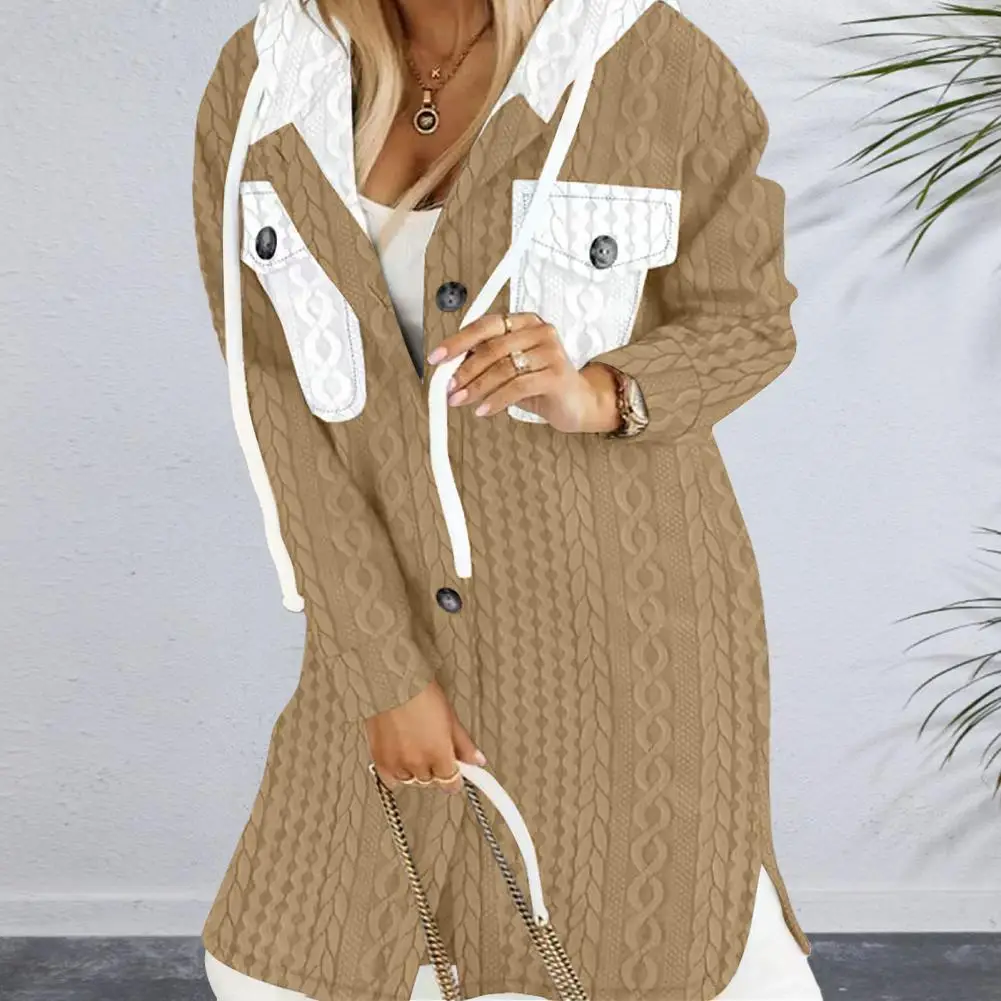 

Women Long Cardigan Stylish Women's Hooded Sweater Coat with Twisted Pattern Contrast Color Pockets for Fall Winter for Casual