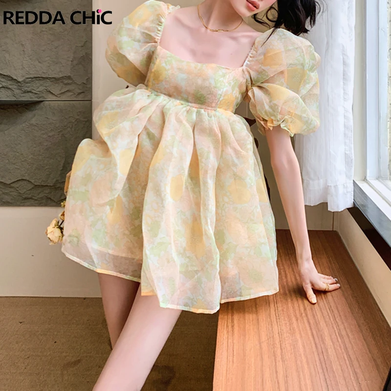 

REDDACHiC Women Daisy Print Organza Puffy Mini Dress Square Neck Puff Sleeves Floral Sundress Y2k Fairycore Princess Tutu Gown