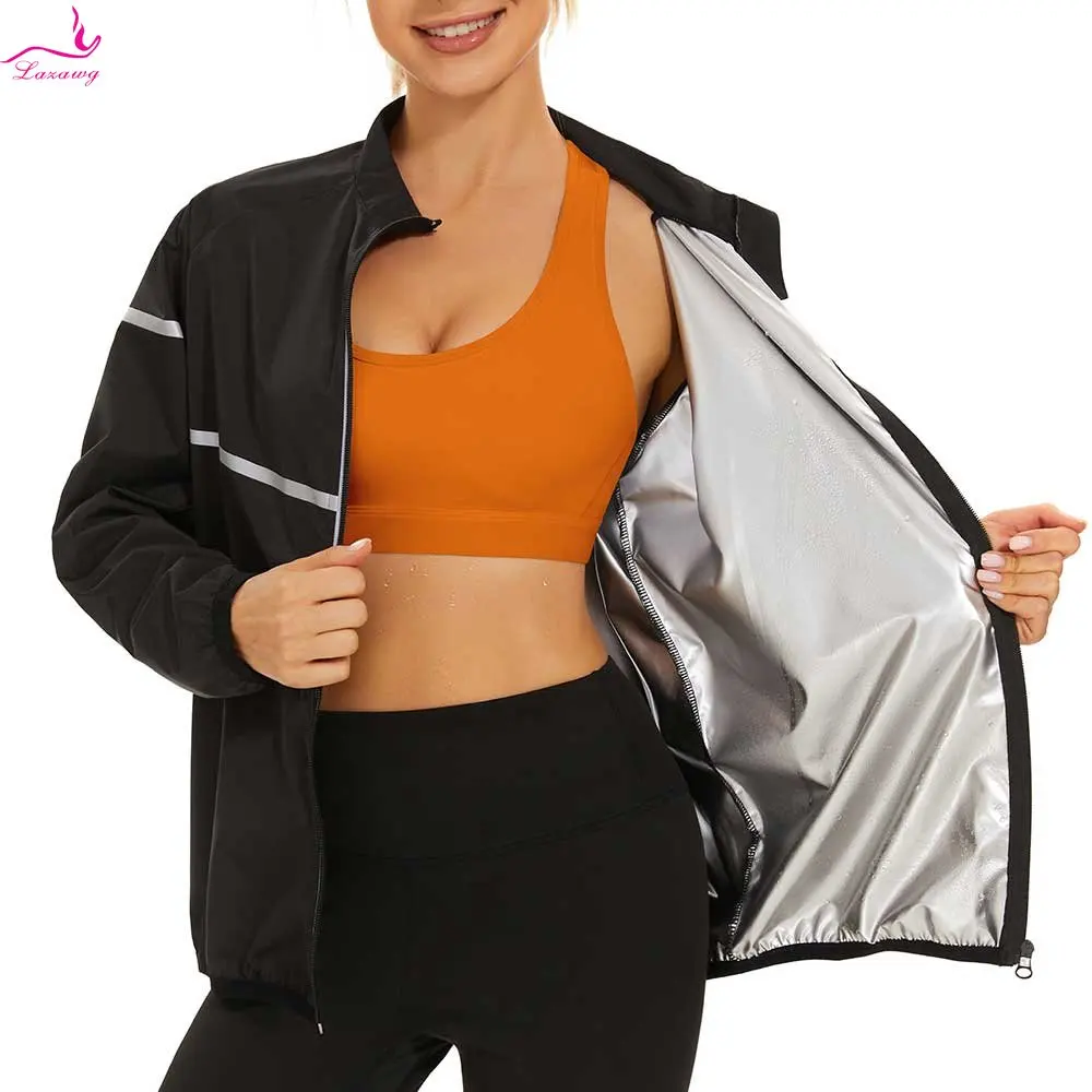 LAZAWG Sauna Jacket for Women Weight Loss Top Hot Sweat Long Sleeves Fitness Sportwear Thermal Ladies Body Shaper Workout Gym