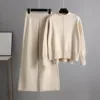 Women Knitwear Sets Patchwork 2 Piece Set Long Sleeve Round Neck Side Slit Sweater Elastic Waist Wide Leg Pants Winter Outfits 3