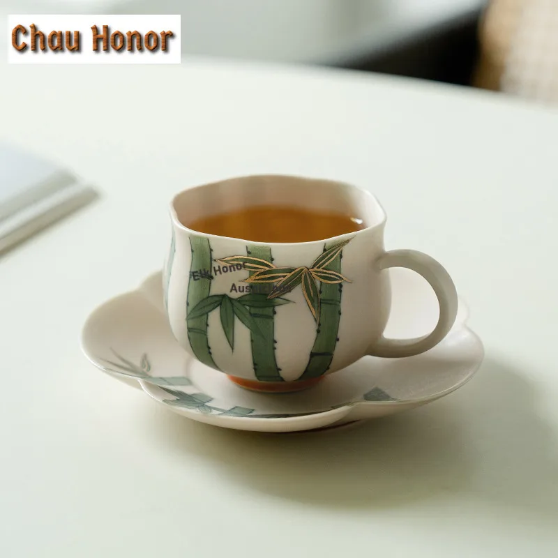130ml Hand-painted Bamboo Forest Petal Coffee Mug With Plate Beer Cup Afternoon Tea Mug Cup Saucer Kit Drinkware Decoration Gift