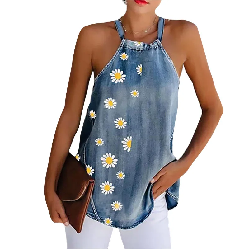 

Fashionable women's cross-border daisy print loose denim camisole