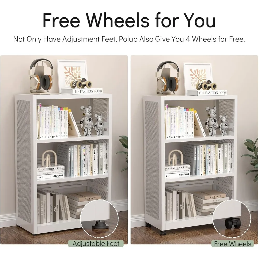 Mobile 3 Tier Bookshelf with Wheels and Adjustable Feet, Metal 3 Shelf Bookcase, Black Heavy Duty Book Shelf for Small Space 4