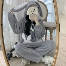 QWEEK Bunny Hooded Onesies Women Kigurumi Pajamas Cute Pijama Winter Warm Sleepwear Kawaii Female Set with Pants Long Sleeve