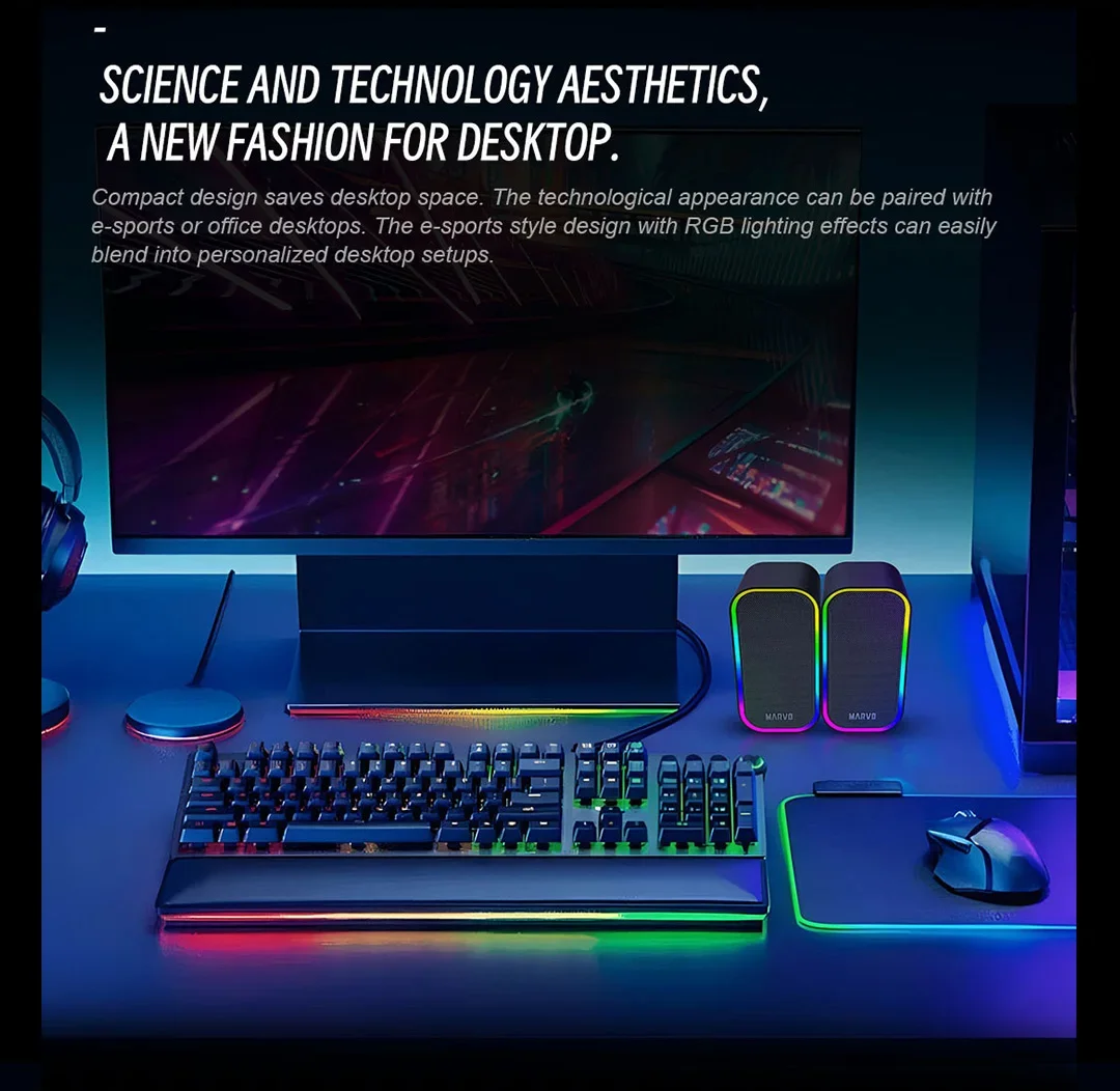 Marvo SG-285 유선 USB 스피커 RGB 조명 5 모드 스테레오 사운드 볼륨 조절 PC 용 전 범위 플라스틱 데스크탑 컴퓨터 스피커