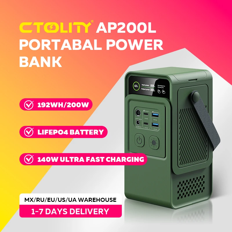 CTOLITY AP200 PD3.1 140W 192Wh 200W LiFePO4 Portable Power Bank 3000+ Cycle Ultra Fast Charging  LED DC Solar 150W PC 2