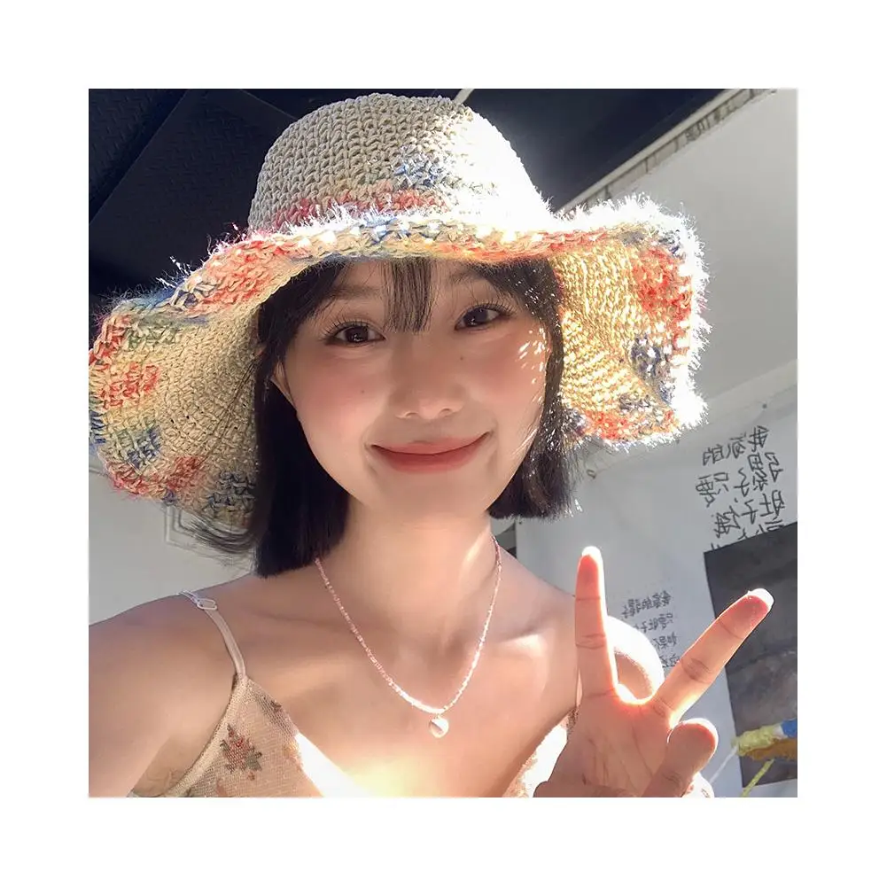 여성용 다채로운 직조 빨대 모자, 파나마 모자, 스크린 모자, 빨대 모자, 비치 브림, 여름 쉐이드 모자, B2d9