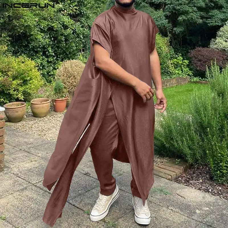 

Muslim Style Casual Simple Sets INCERUN Men's Solid Half High Collar Side Split Robe Pants Streetwear Male Two Piece Sets S-5XL