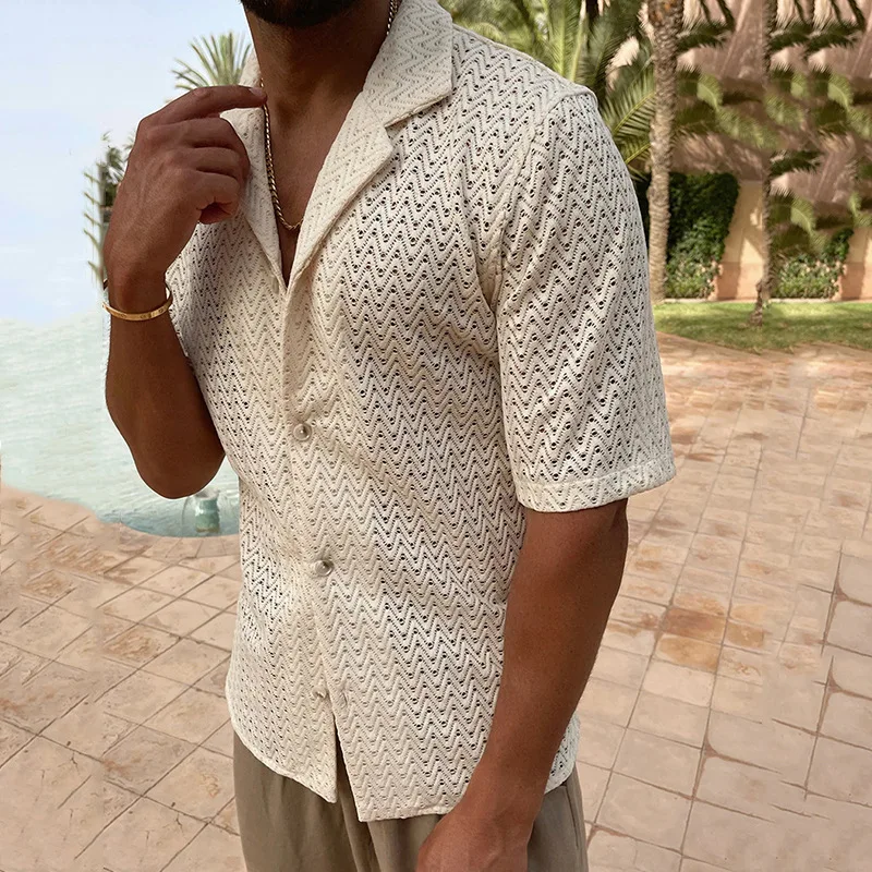 Shirts and Blouses Summer Hollow Out Knit Solid Slim Fit