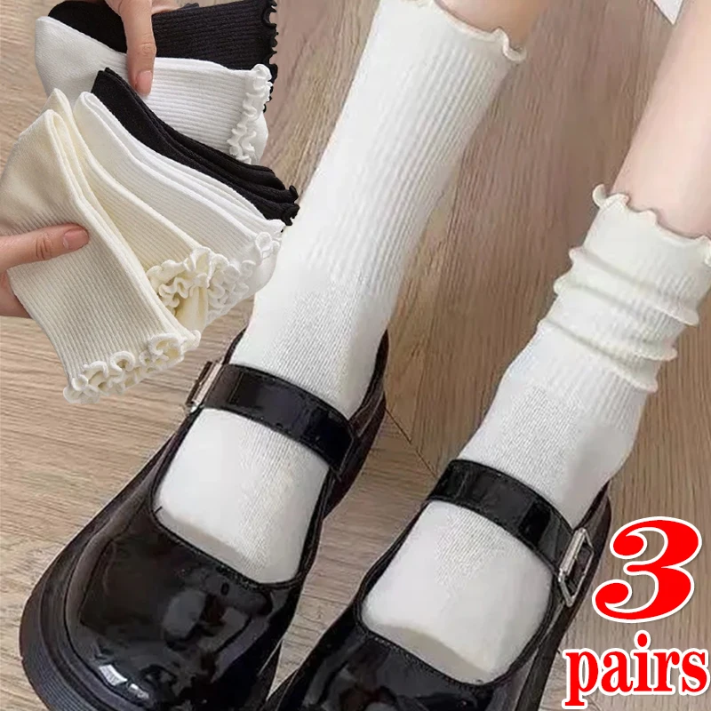 

1/3pairs Lolita Cotton Ruffles Ankle Socks Women Cute Kawaii Korean Stocking Girl Spring Black White Middle Tube Japanese Sox
