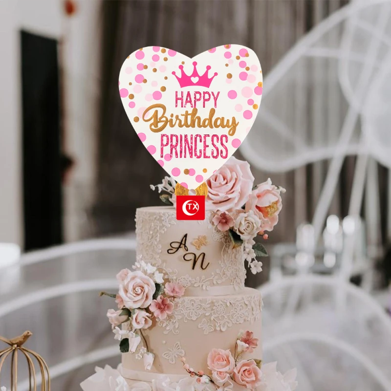 

Happy Birthday Princess Cake Topper Heart Printed Crown Bow Acrylic Cake Flags For Girl's Birthday Party Cake topper