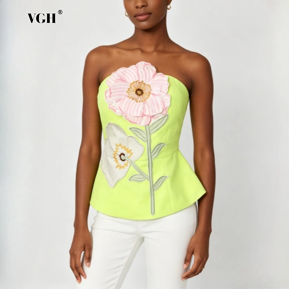 VGH Solid Loose Spliced Embroidery Chic Vests for Women Strapless Sleeveless French Design Vest Female Summer Fashion Style New