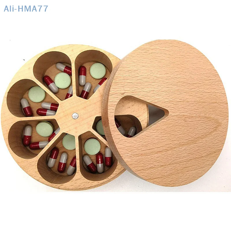 

1PCS Pill Case Storage Box Solid Wood Pill Box Compartment Weekly Medicine Table