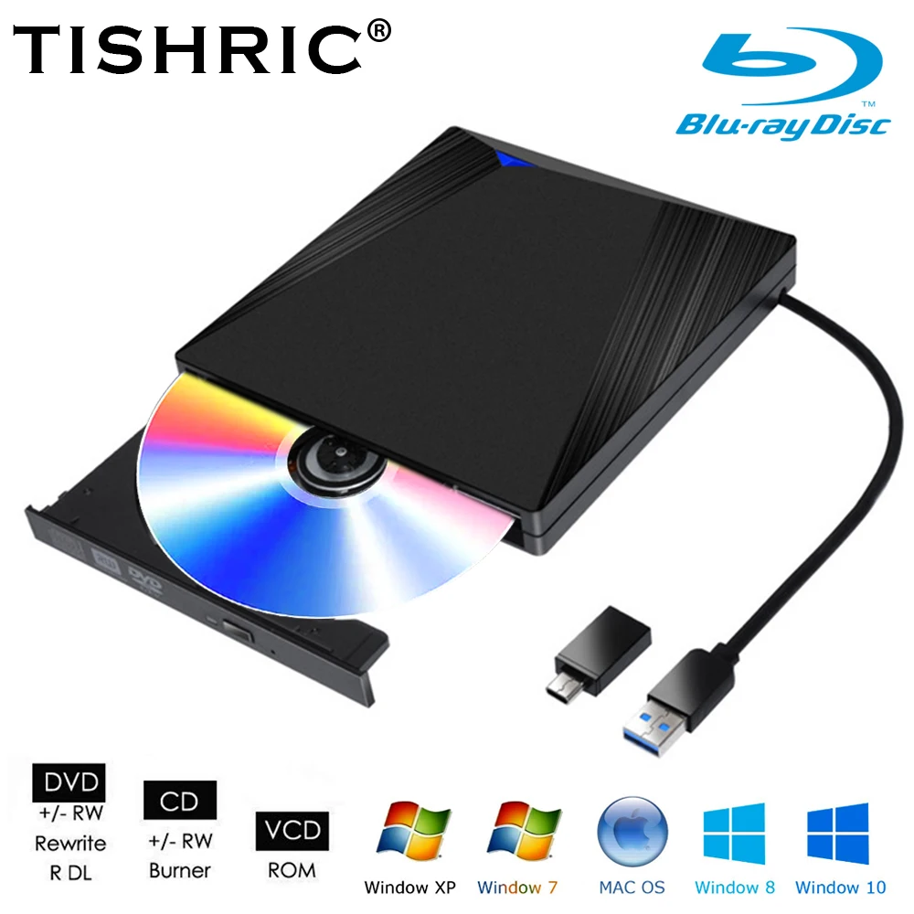 TISHRIC 블루레이 USB 3.0 외장 광학 드라이브 버너, 3D 블루레이 버너 리더, 라이터 슬림 BD CD DVD, 컴퓨터용 광학 블루레이