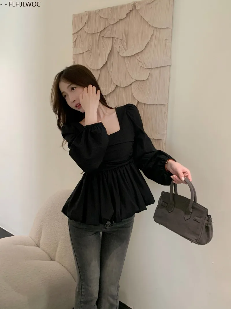 Belly Tunic Peplum Tops Blouses New Design Women Long Sleeve Casual Chic Korea Slim Fitted Black White Basics Shirts