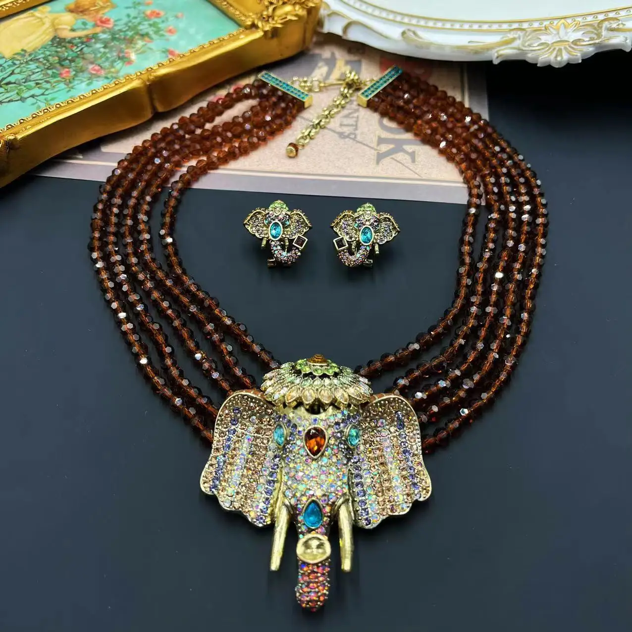 

Vintage Jewelry Set Elephant Crystal Rhinestone Necklace and Earrings Set