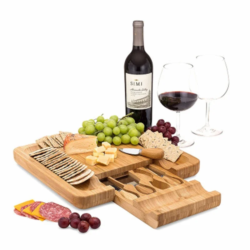 Bamboo Cheese Board New Square Wood Color Slide-Out Drawer Serving Platter For Cheese Fruit Vegetable Storage N