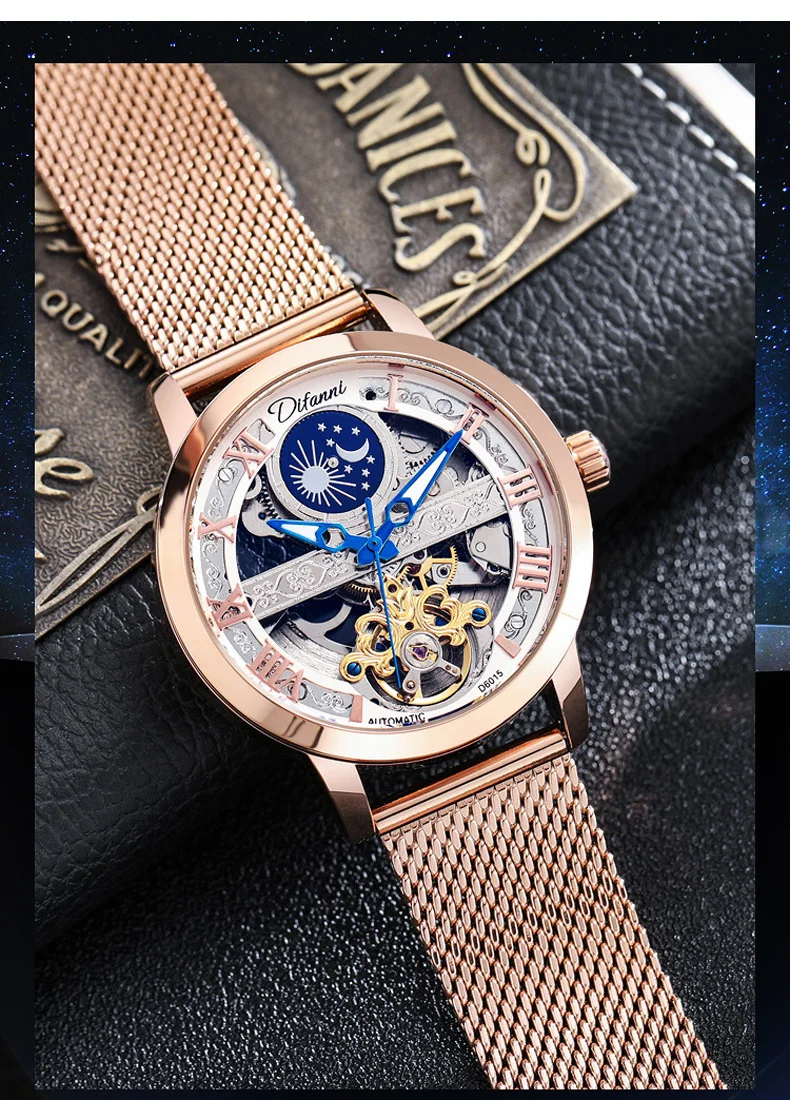 Tourbillon Moon Phase Wrist Luxury Hollow 3ATM Waterproof Stainless Steel Men Automatic Mechanical es es_voghion.com