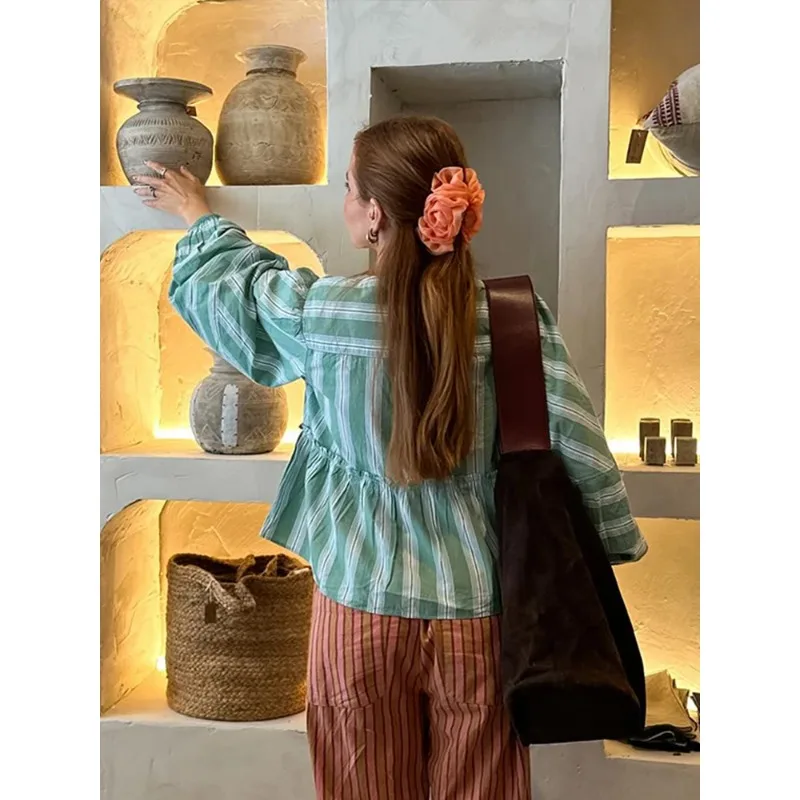 Panelled Striped Shorts Sets For Women 2piece Lace Up Shirts Set High Waist Wide Leg Short Pant 2024 Summer Fashion Lady Outfits