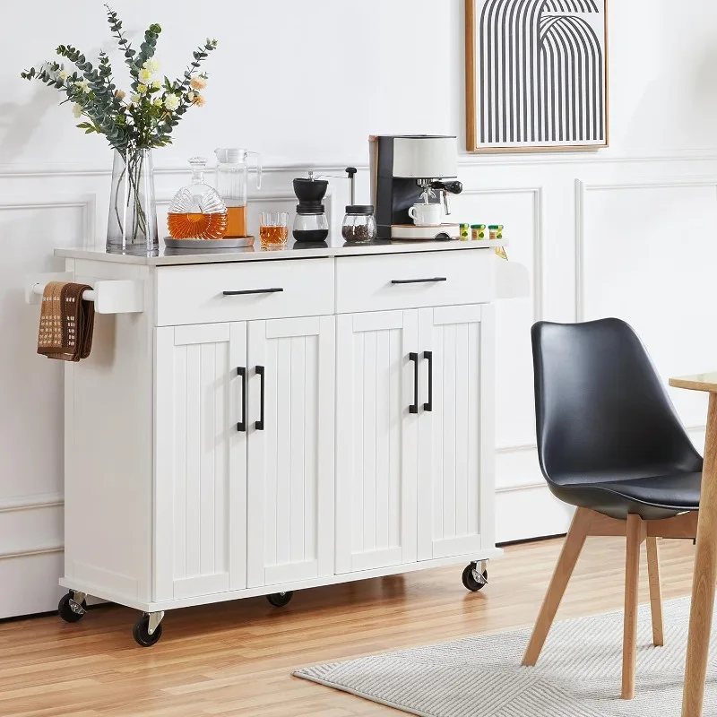 

Kitchen Island Cart with Stainless Steel Countertop, 50.5" Width Kitchen Island on Wheels with Storage Cabinet & Inner