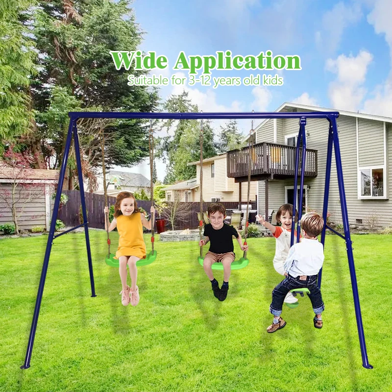 Backyard Swing Set 3-in-1 Heavy Duty Extra Large Metal Swing Frame 2 Swings Glider Adjustable Rope Outdoor Toys Set