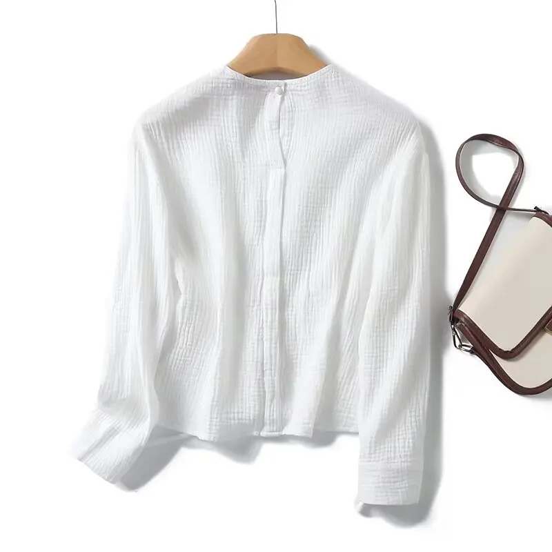 Jenny&Dave Spring/Summer 2024 French Elegant White Pure Blouse Women Cotton Shirt Drawstring Waist Wrap Casual Shirt