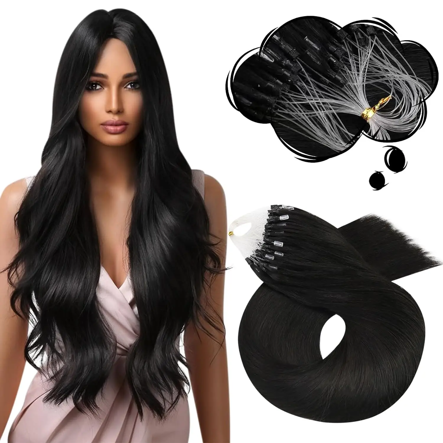 Micro Loop Hair Extensions 16-26 Inch Micro Bead Remy Hair Extension 1g/Strand 50g Color #1B Natural Black Straight For Salon