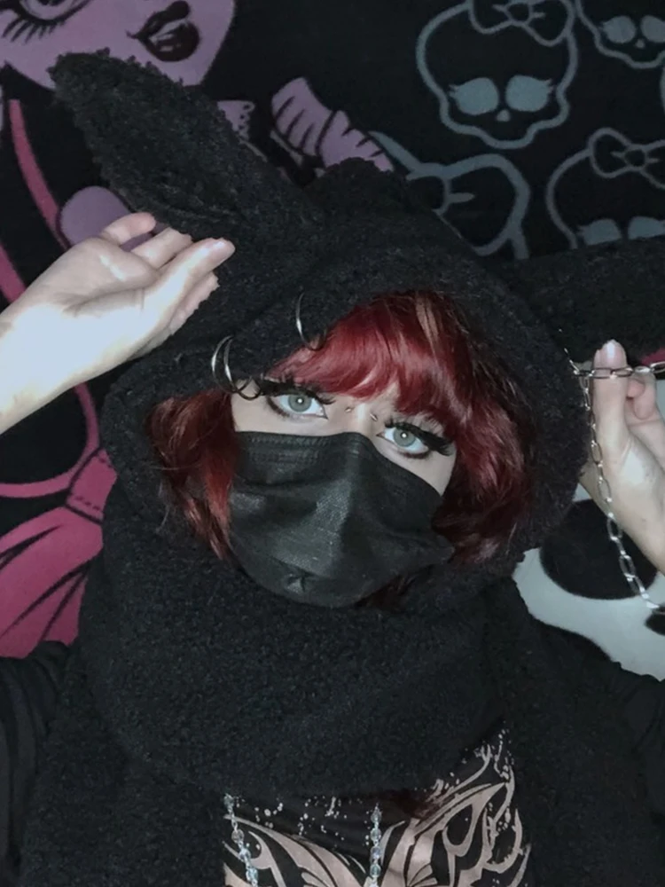 小物 black hooded scarf dorag y2k archive 00s Gothic Black Cap Scarf For Women Neckerchief Winter Hairy