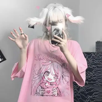 Y2K Anime kawaii oversized Casual cute Tops Summer Fashion Punk o-neck Short-Sleeves Unisex Streetwear t-shirt Women Wild tops 2