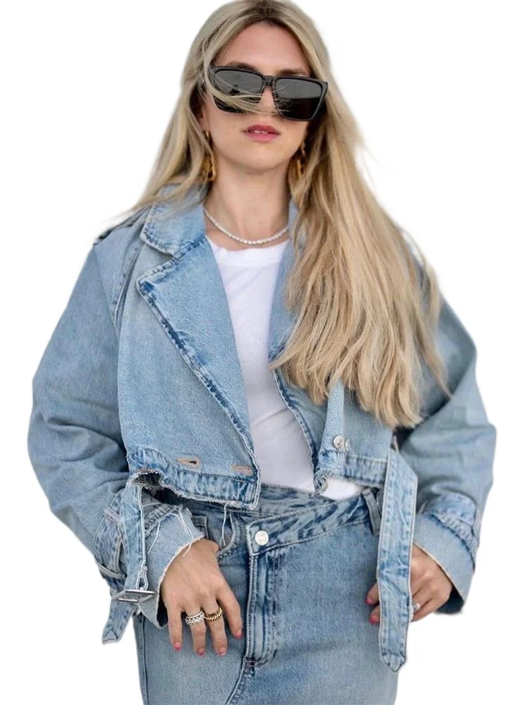 

Jacket Denim Women's Belts Fashion Lapel Single Breasted Blue Bomber Jackets Female 2023 Spring Street Loose Short Coat Tops